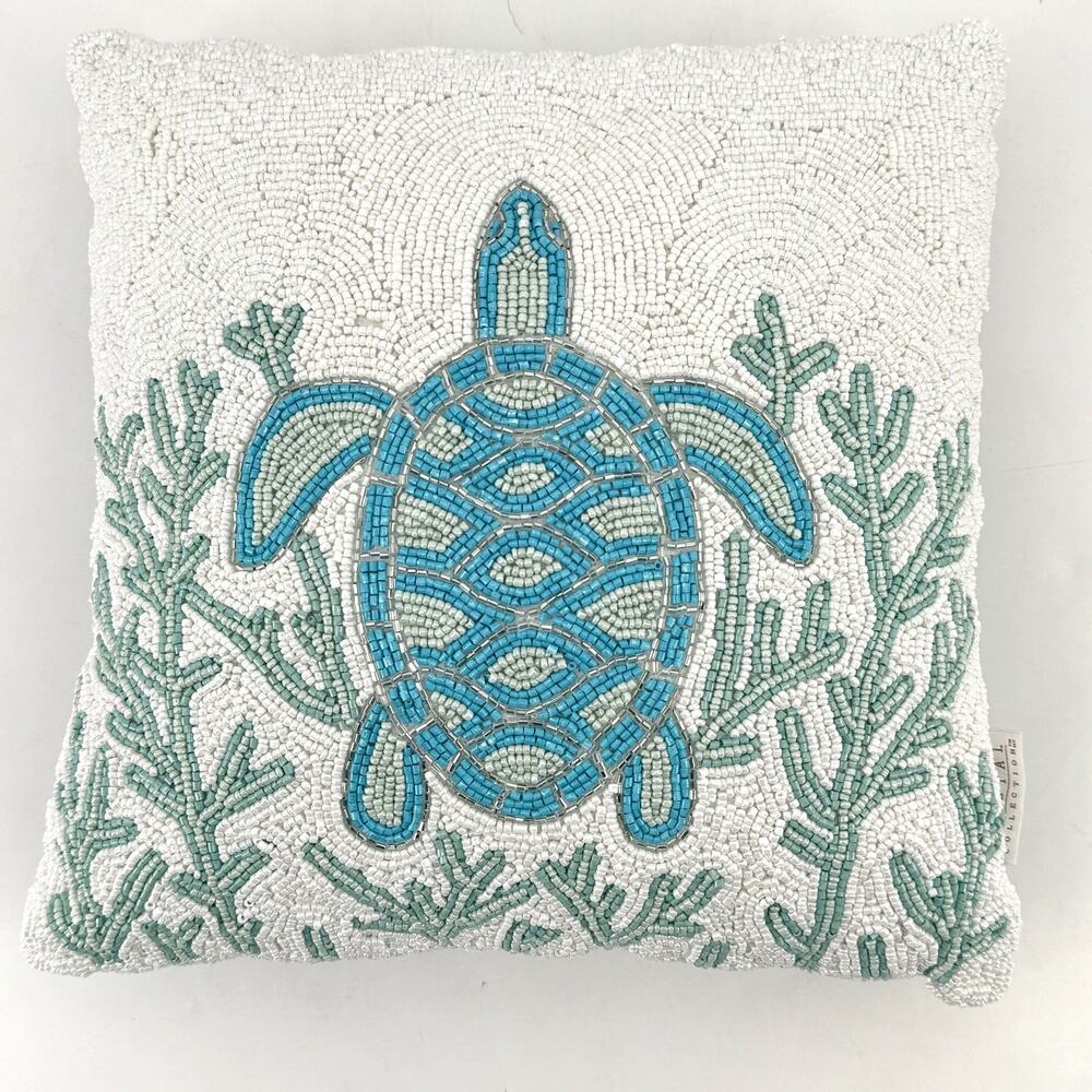 Coastal Collection Sea Turtle Coral Beaded Throw Pillow 12" Nautical Decor